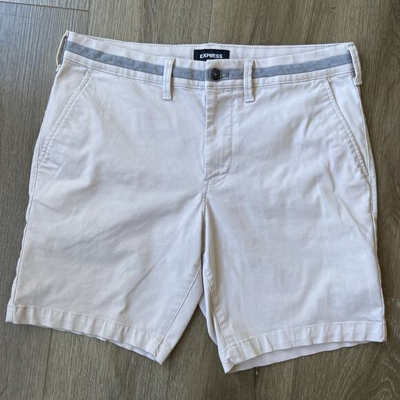 Express Slim Fit Shorts Men 31 Tan 8" Inseam Pockets - Picture 1 of 9
